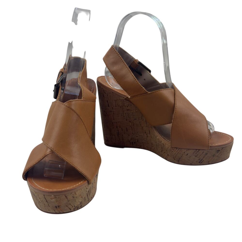 Hinge Natural Boho Leather Criss Cross Cork Wedge Sandals Women's Size 6.5